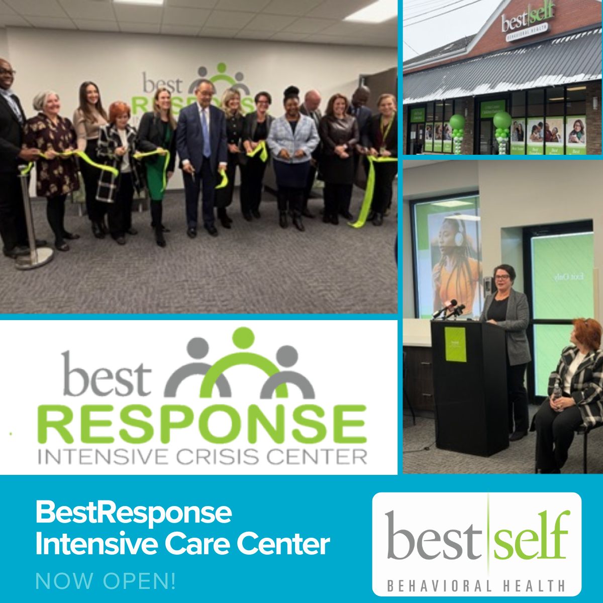 BestResponse opening collage with a ribbon cutting, green balloons, and BestSelf Behavioral Health branding.