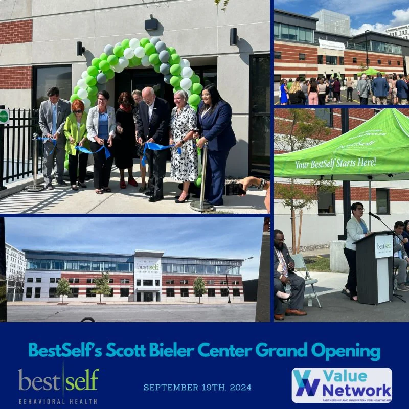 Collage of the Scott Bieler Center grand opening, including ribbon cutting, building exterior, and speakers.