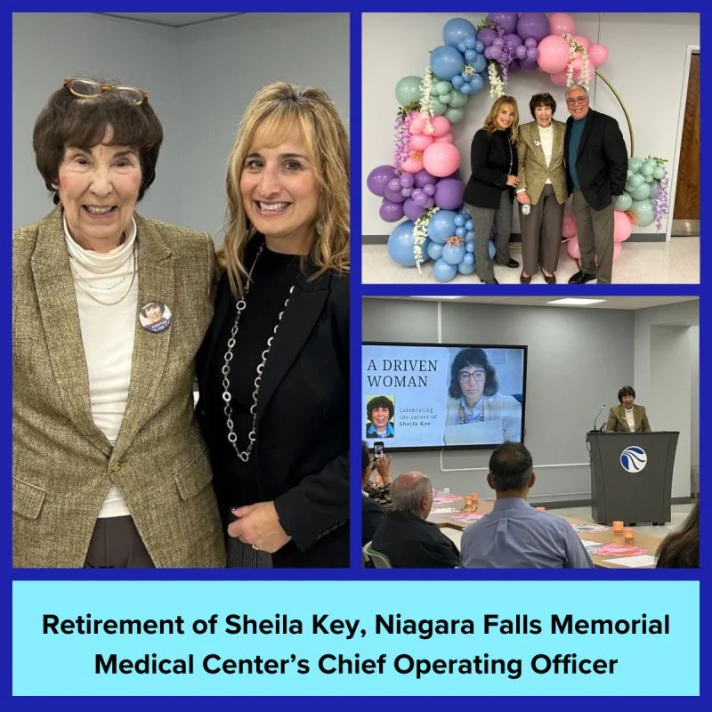 Retirement celebration collage with colleagues, a presentation, and a caption naming Sheila Kee.