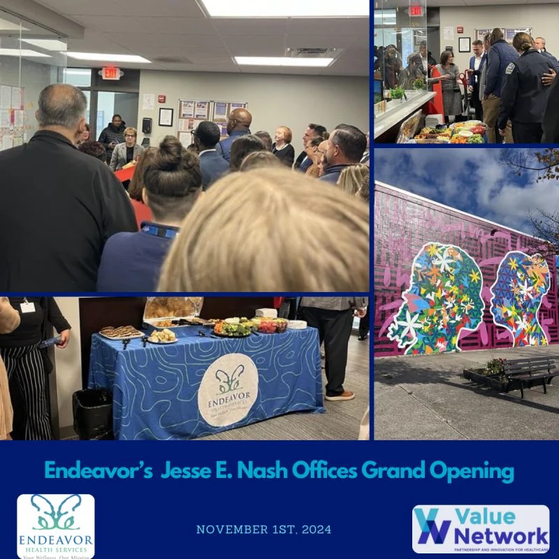Collage of the Jesse E. Nash offices grand opening, with speakers, guests, refreshments, and a mural.