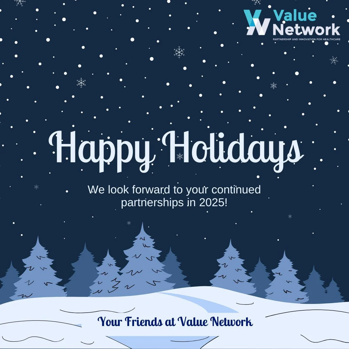 Value Network holiday greeting with a snowy landscape and the message “We look forward to your continued partnerships in 2025!”