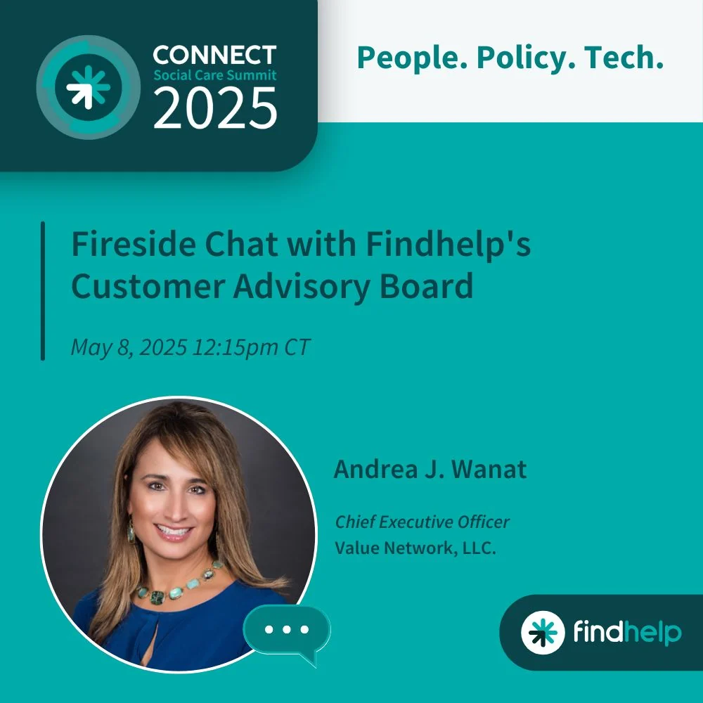 Connect Social Care Summit graphic announcing a fireside chat with Andrea J. Wanat on May 8, 2025.