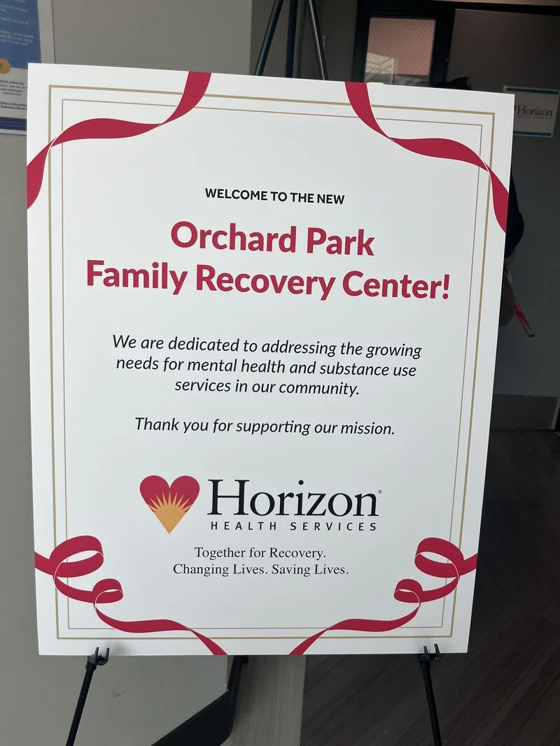 Welcome sign for Horizon’s new Orchard Park Family Recovery Center.